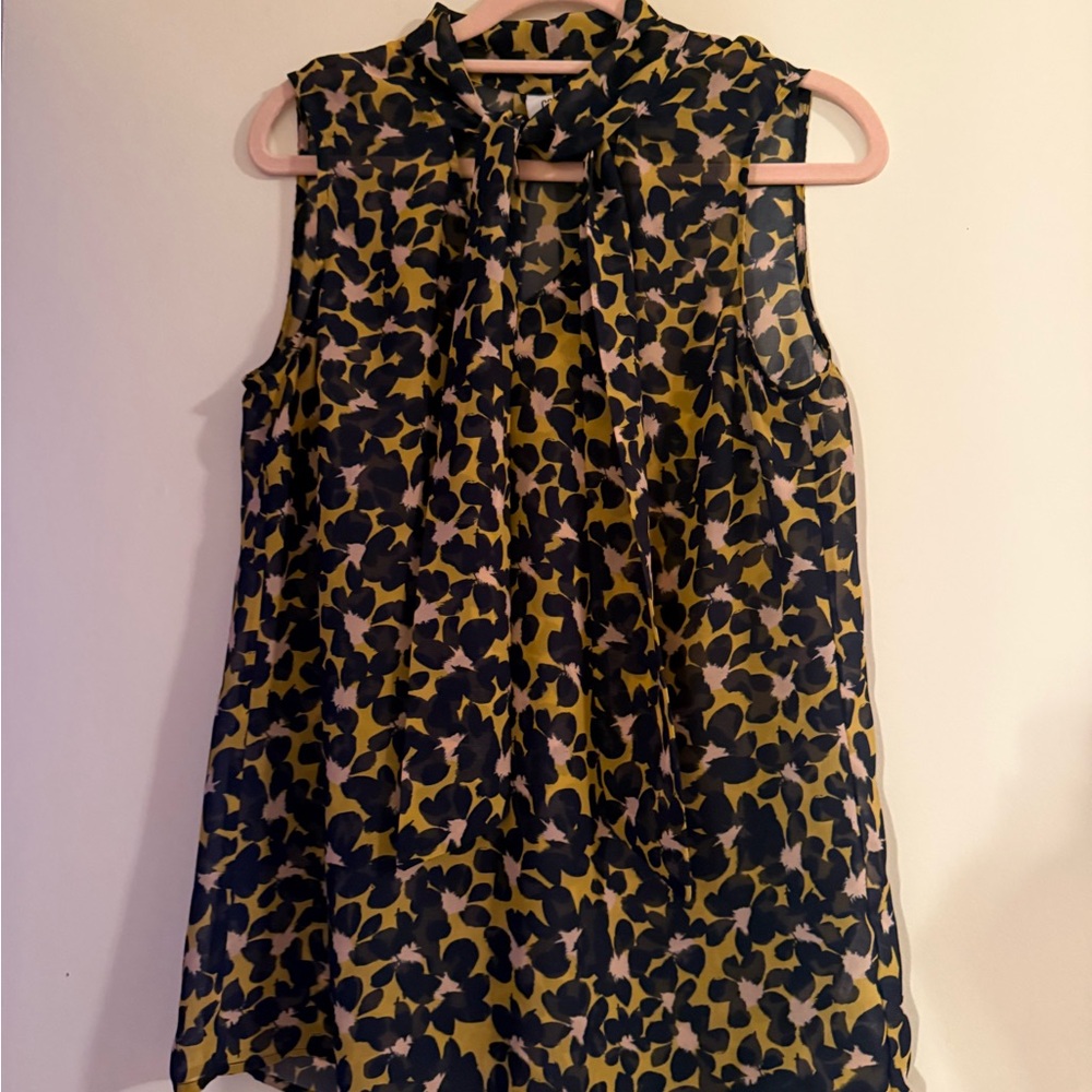 CAbi Olive & Black Sleeveless Tie-Neck Blouse